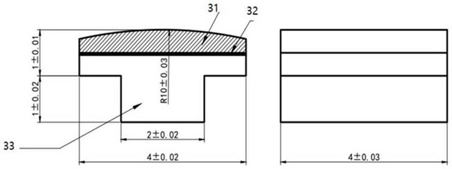 Sección transversal del contacto en forma de T para bocinas automotrices: capa de trabajo de tungsteno (31), capa de soldadura fuerte BAg72Cu (32) y soporte de cobre (33). Sección transversal del contacto en forma de T para bocinas automotrices: capa de trabajo de tungsteno (31), capa de soldadura fuerte BAg72Cu (32) y soporte de cobre (33).